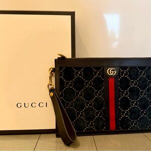 Gucci Black GG Velvet Wristlet with Red Web Stripe